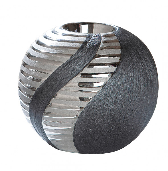 Moderner Teelichthalter Teelichtleuchte Windlicht aus Keramik Silber Anthrazit Durchmesser 11,5 cm