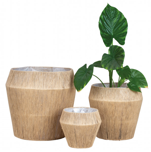 Planter plant pot in a set of 3 brown planter with natural jute structure, height 24 + 36 + 46 cm