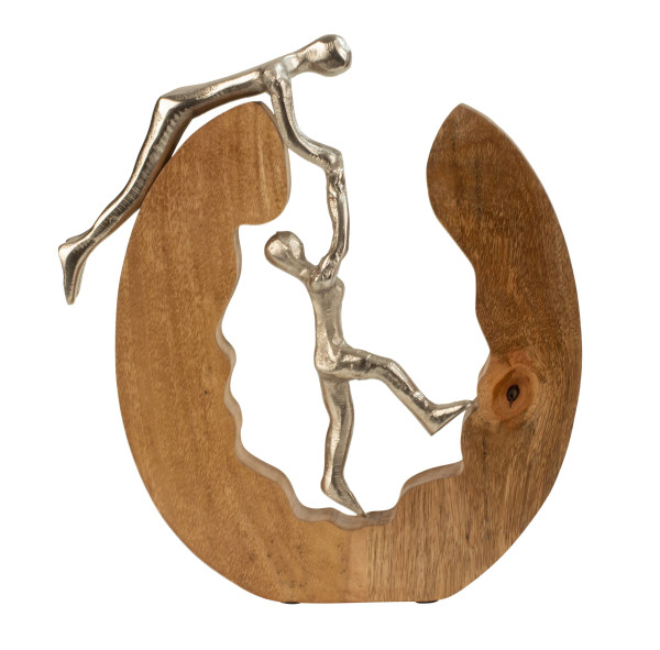Skulptur Dekofigur Kletterndes Paar aus Metall silber in Ring aus Holz 28x31 cm