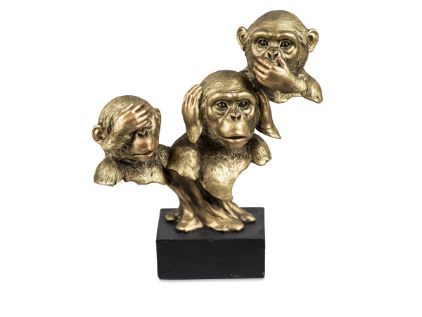 Moderne Skulptur Dekofigur Büste 3 Affen aus Kunststein Antik Gold Breite 21 cm Höhe 23 cm