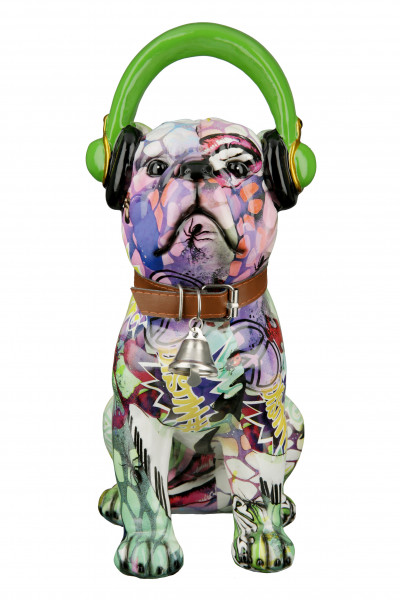 Modern sculpture decorative figure pug with headphones dog POP ART made of artificial stone multicolored 21x30 cm