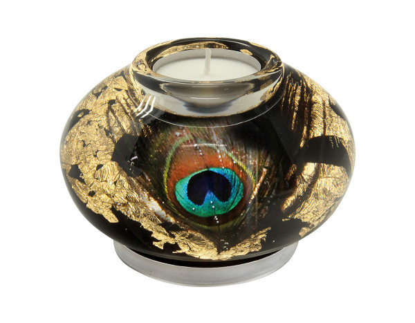 Moderner Teelichthalter Windlichthalter aus Glas schwarz/gold Durchmesser 11 cm