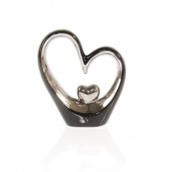 Modern sculpture decorative figure in the shape of a heart made of porcelain black/silver 14x16