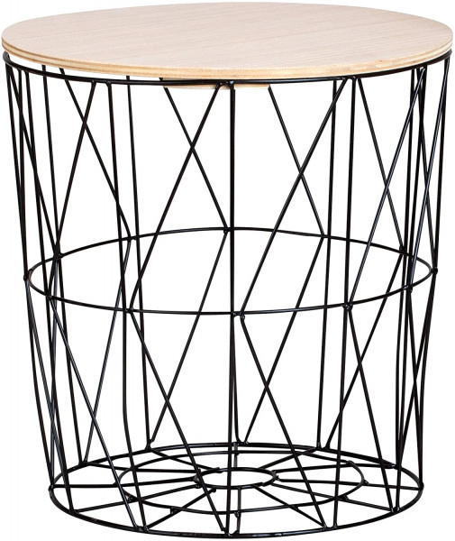 Modern side table metal basket with wooden lid - decorative coffee table including basket shelf with storage space black / brown (34x35 cm)