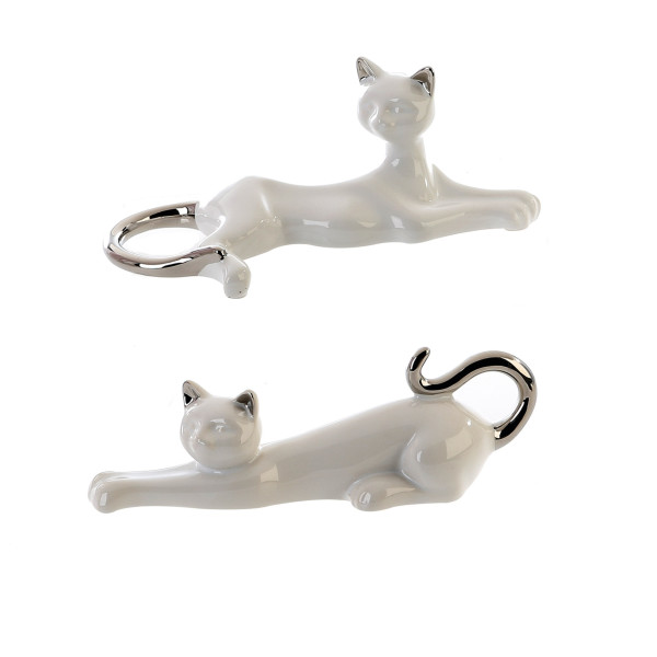 Moderne Skulptur Dekofigur Katze 2 Stück aus Keramik Weiß/Silber 21x8 cm