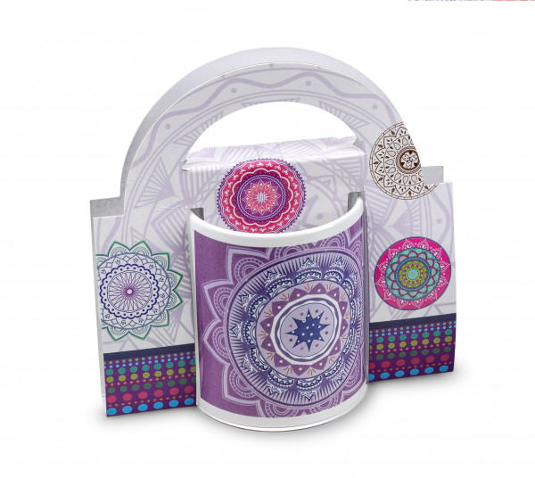Modern coffee mug coffee mug mandala including lithography decor 350 ml mug with handle for hot drinks packed in a gift box (purple)