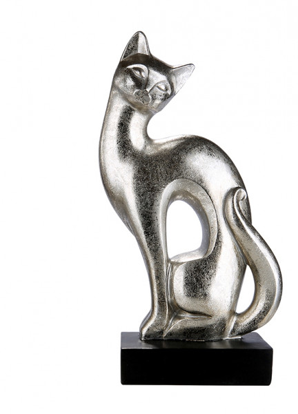 Moderne Skulptur Dekofigur Katze Luxor aus Kunststein schwarz/silber Höhe 24 cm Breite 13 cm