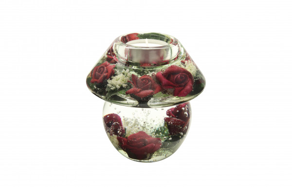 Moderner Teelichthalter Windlichthalter mit Rosen rot aus Glas Höhe 11 cm