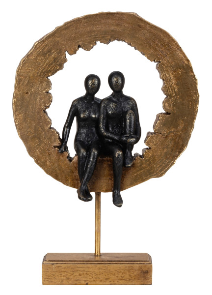 Sculpture man and woman sitting in a wooden disc made of polyresin including base Height 37cm Width 25cm