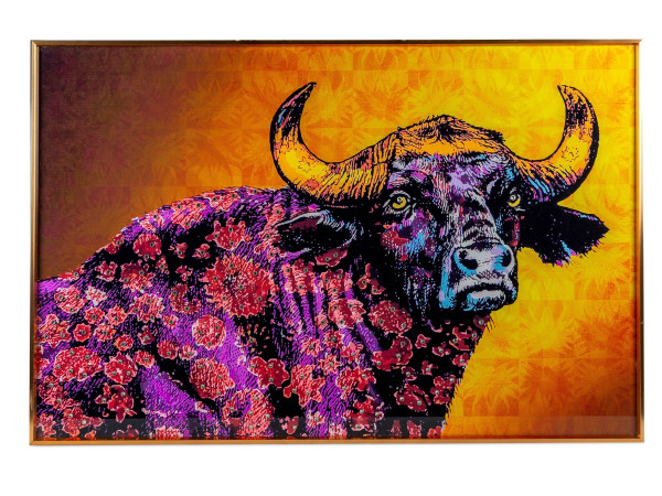 Wonderful mural bull including a golden metal frame glass pane with attached crystal stones refined 90x60 cm