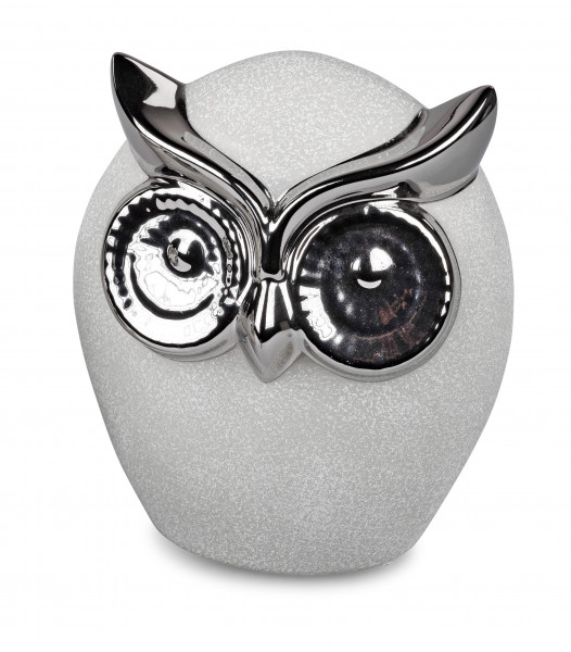 Modern sculpture decoration figure owl made of ceramic white / gray and silver height 19 cm width 15 cm