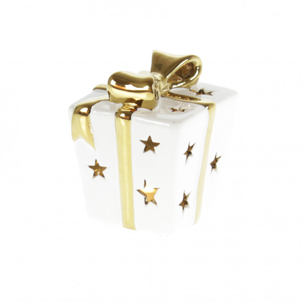 Weihnachtliches Deko Geschenkpaket weiß/gold inklusive LED Beleuchtung 10x12 cm