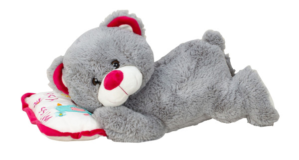 Teddy bear, cuddly bear, sleeping bear, gray, lying on a cushion, 44 cm long. Plush bear, cuddly toy, velvety soft