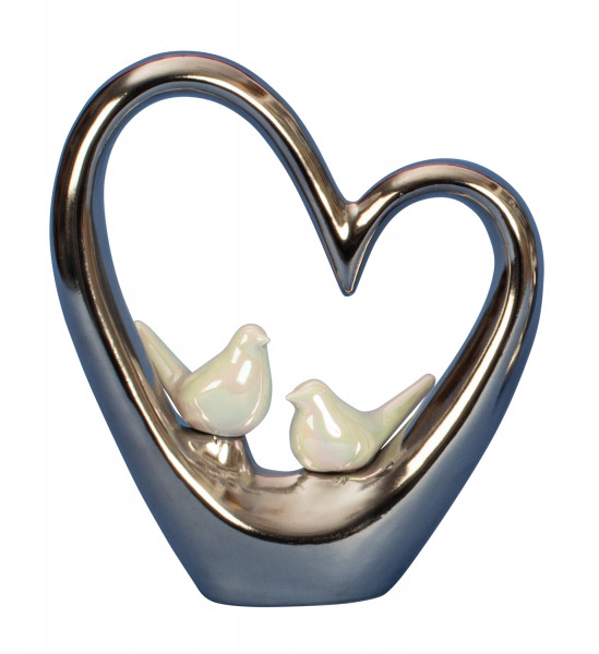 Modern sculpture decoration figure heart made of ceramic silver with 2 white birds 20x23 cm