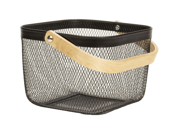 Storage basket with handle for clothes decoration or accessories black made of steel and wood 24x24x17.5 cm