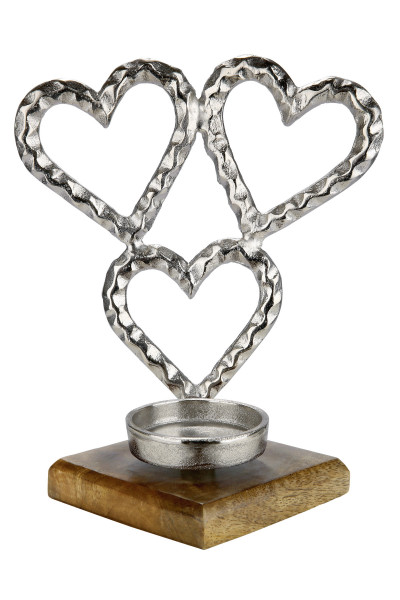 Modern sculpture Dekofigur tealight holder heart made of aluminum on base made of mango wood silver / brown 22x26 cm