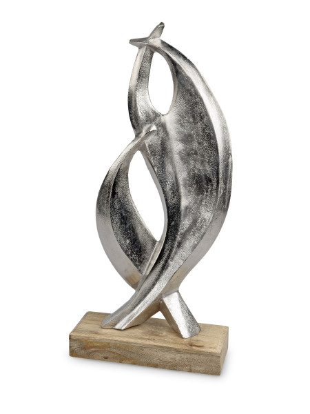 Moderne Skulptur Dekofigur aus Aluminium auf Sockel aus Mangoholz Silber/braun 22x53 cm