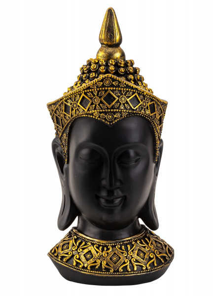 Moderne Spardose Sparbüchse Kaffekasse Buddha Kopf schwarz mit goldener Haube aus Kunststein Höhe 33