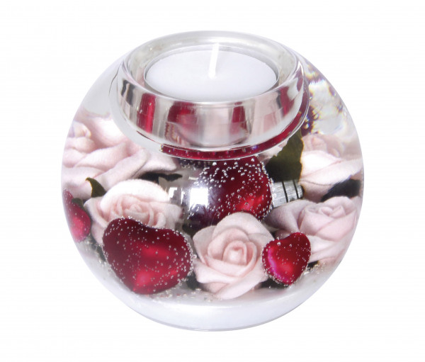 Moderner Teelichthalter Windlichthalter aus Glas mit Rosen und Herzen Durchmesser 8 cm