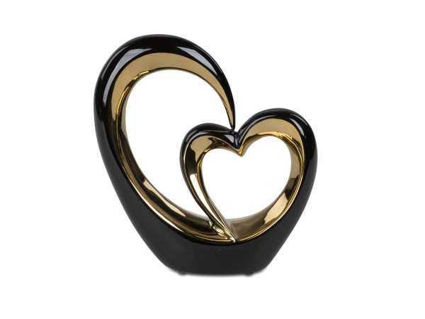 Modern sculpture decorative figure in the form of two hearts made of porcelain black/gold 22x25 cm