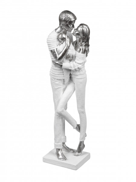 Moderne Skulptur Dekofigur Büste Familie auf Sockel weiß/Silber Höhe 46 cm