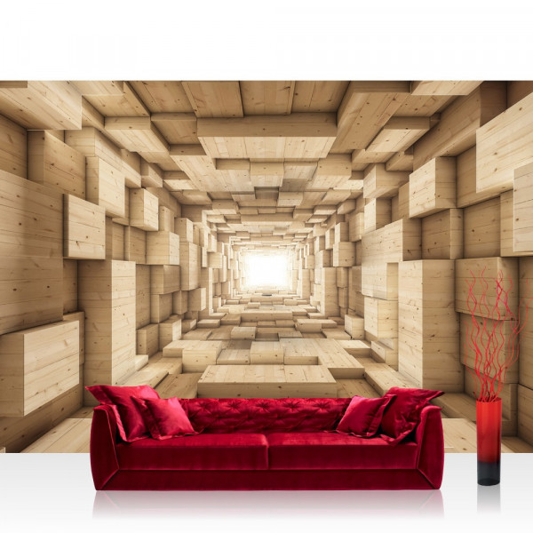 Vlies Fototapete 3D Tapete Abstrakt Holz Kasten Kisten Rechteck Tunnel 3D braun