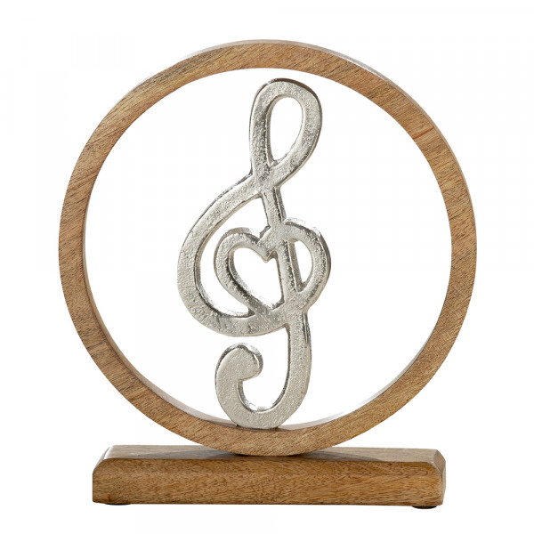 Modern sculpture decoration figure heart with clef made of mango wood and aluminum 26x28 cm