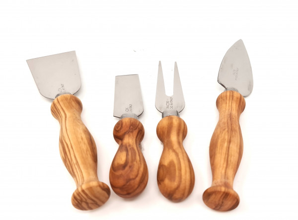 Exclusive 4-piece cheese knife set made of stainless steel and olive wood, high quality cheese spade | Soft cheese knife | Hard cheese knife and cheese fork