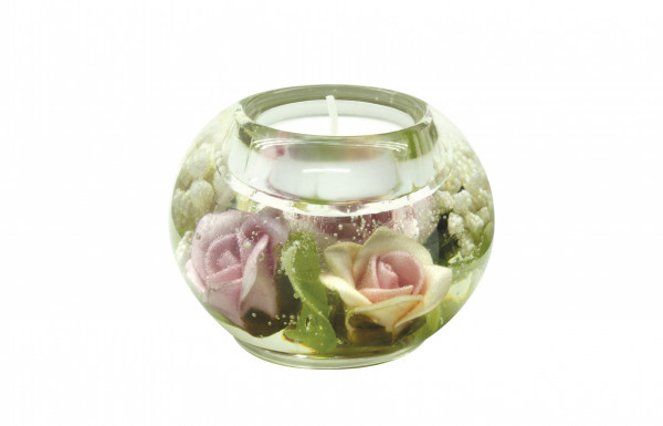 Moderner Teelichthalter Windlichthalter aus Glas mit Rosen grün/rosa Durchmesser 8 cm