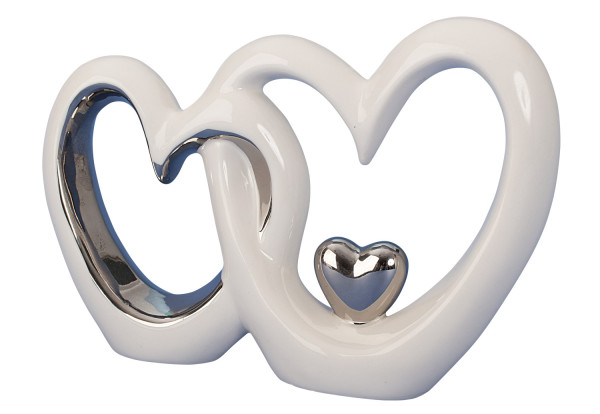 Moderne Skulptur Dekofigur in Form von Zwei Herzen aus Keramik weiß/Silber 19x13 cm