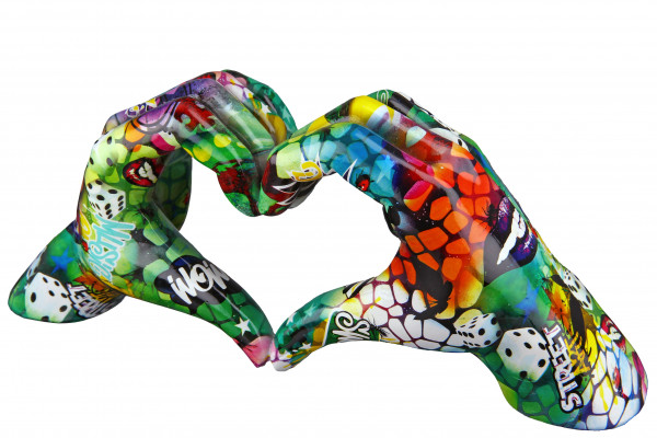 Moderne Skulptur Dekofigur Hand Heart aus Kunststein mehrfarbig 29x12 cm