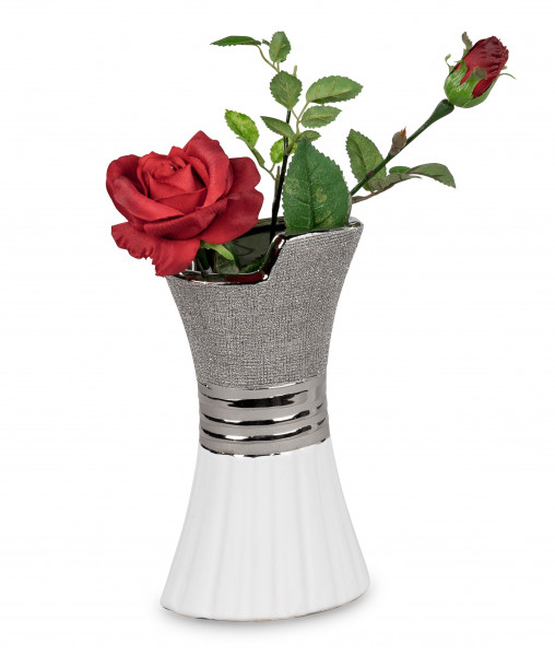 Moderne Dekovase Blumenvase Tischvase Vase aus Keramik weiß/silber 11x20 cm