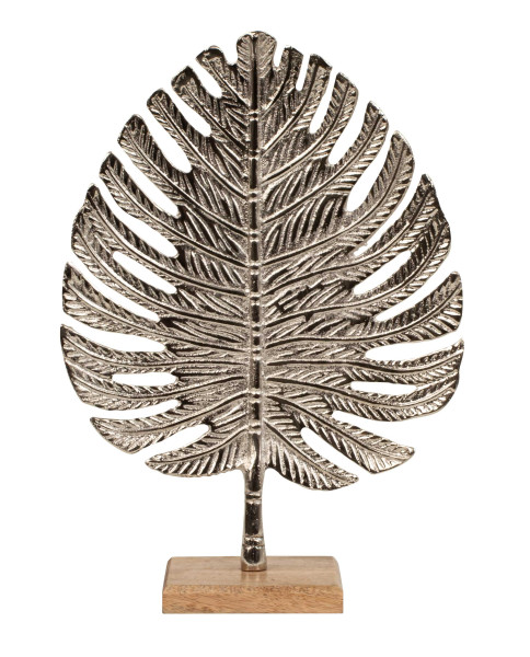 Skulptur Dekofigur Blatt aus Metall silber auf Holzsockel stehend 23x32 cm
