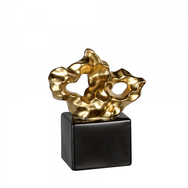 Moderne Skulptur Dekofigur Gold Nugget stehend auf Sockel aus Keramik schwarz/gold 16x19 cm