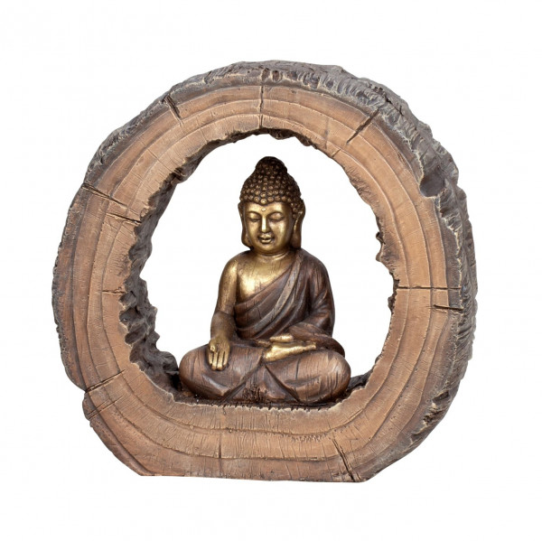 Moderne Skulptur Dekofigur Buddha aus Magnesia in Baumscheibe Braun D 39 cm