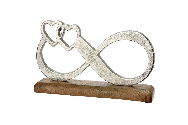 Modern sculpture decoration figure infinity made of aluminum on a base made of mango wood silver / brown 32.5x19 cm