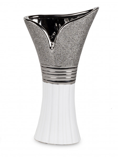 Moderne Dekovase Blumenvase Tischvase Vase aus Keramik weiß/silber 21x40 cm