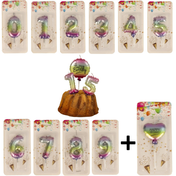 Birthday candles balloon pattern 11-piece set in rainbow colours number 0-9 and Happy Birthday candle height 8 and 13 cm