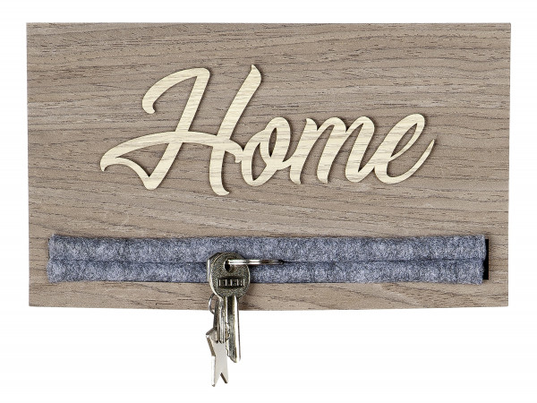 LED key rack / key holder HOME illuminated made of MDF wood brown with gray felt insert Holds up to 8 keys / key rings 3x24x14 cm (DxWxH)