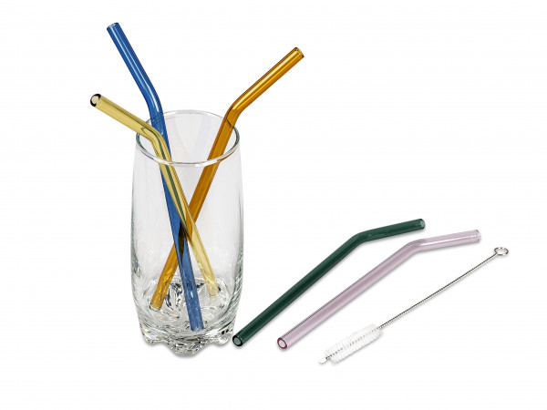Glass Straws 6 Pieces Colorful Curved including cleaning brush