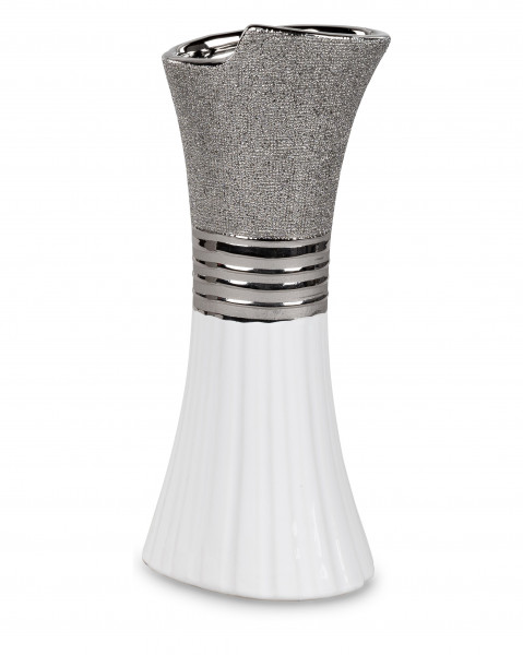 Moderne Dekovase Blumenvase Tischvase Vase aus Keramik weiß/silber 13x30 cm