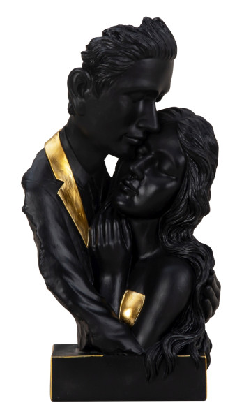 Skulptur Liebespaar schwarz mit goldenen Elementen aus Kunststein mit schwarzem Sockel Höhe 30 cm Br