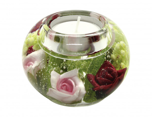 Moderner Teelichthalter Windlichthalter aus Glas mit Rosen grün/rot Durchmesser 8 cm