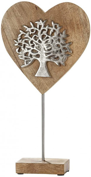 Decorative display heart with tree of life mango wood color mix, height 36 cm