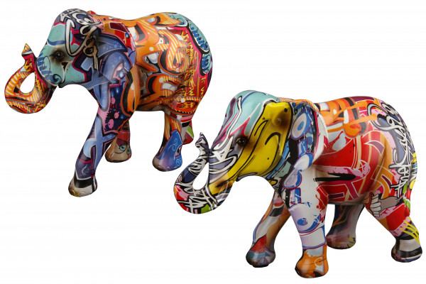 Moderne Skulptur Dekofigur Elefant POP ART aus Kunststein Mehrfarbig 23x17 cm