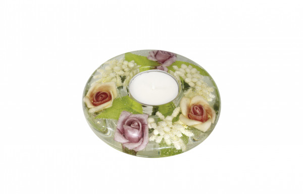 Moderner Teelichthalter Windlichthalter aus Glas mit Rosen orange/rosa Durchmesser 11 cm