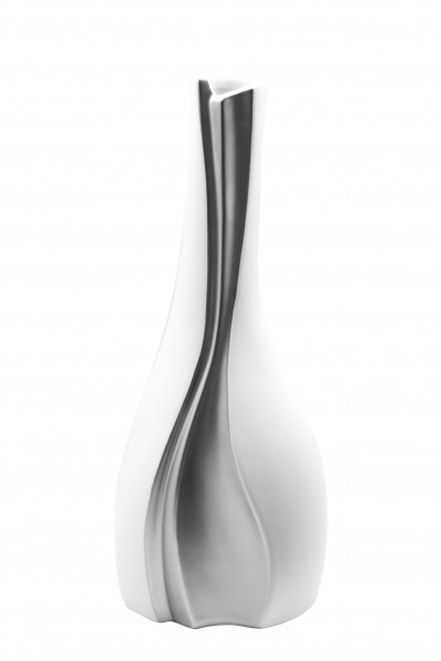 Moderne Dekovase Blumenvase Tischvase Vase aus Keramik weiß/silber 14x33 cm