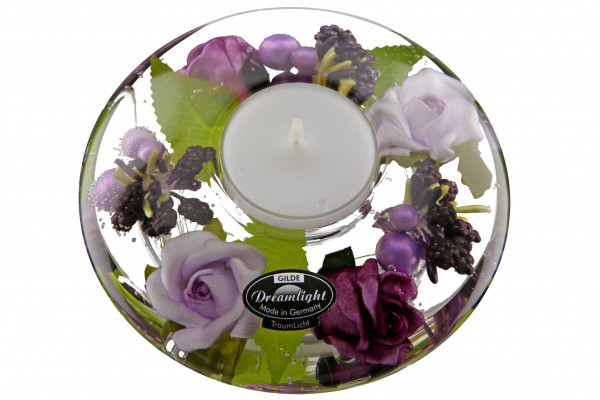 Moderner Teelichthalter Windlichthalter aus Glas mit Rosen lila Durchmesser 12 cm