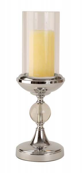 Modernes Windlicht Kerzenständer aus Metall und Glas in silber Höhe 38,5 cm Durchmesser 13 cm