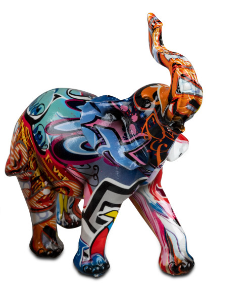 Moderne Skulptur Dekofigur Elefant POP Art aus Kunststein Mehrfarbig 18x19 cm